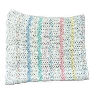 Vintage Handknit Baby Girl Boy Stripped White Pink Blanket